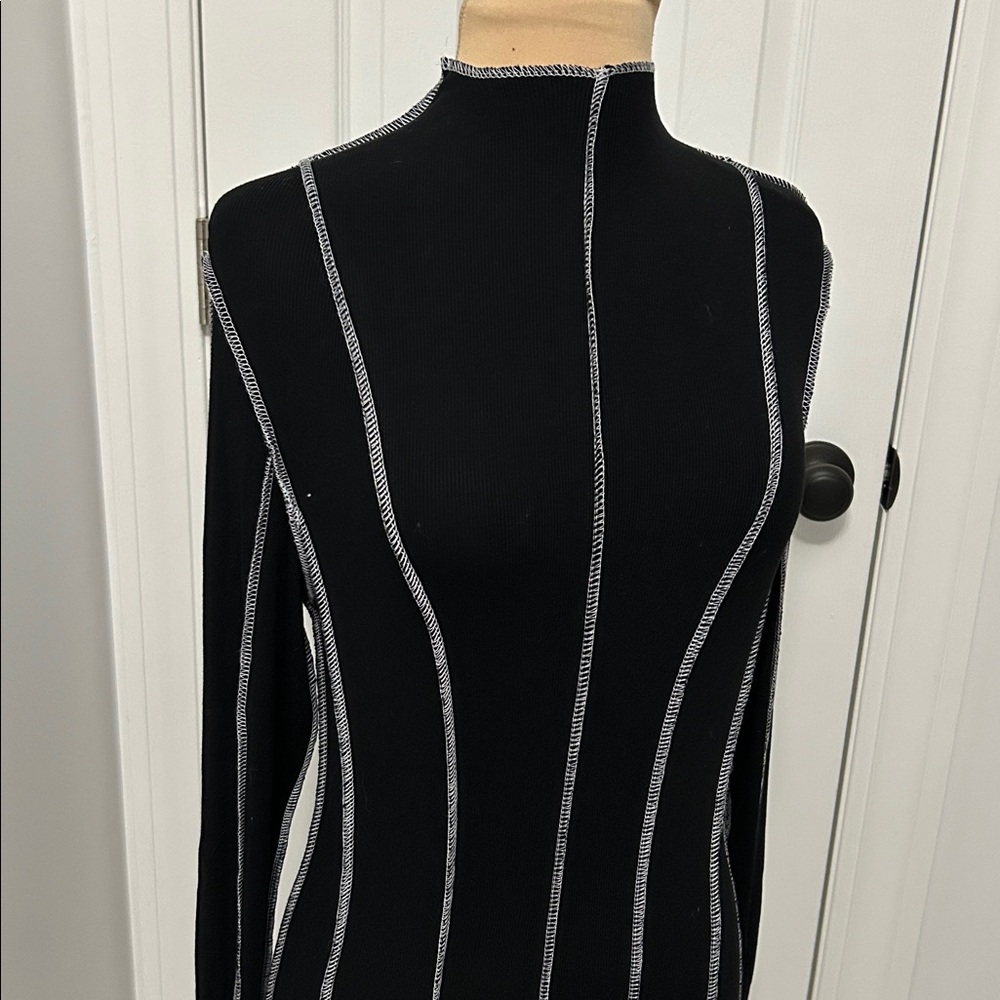 Beige Botany Black Ribbed Contrast Seam Bodycon  Dress - Picture 5 of 9